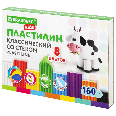 Пластилин _8цв BRAUBERG KIDS 160 г, со стеком