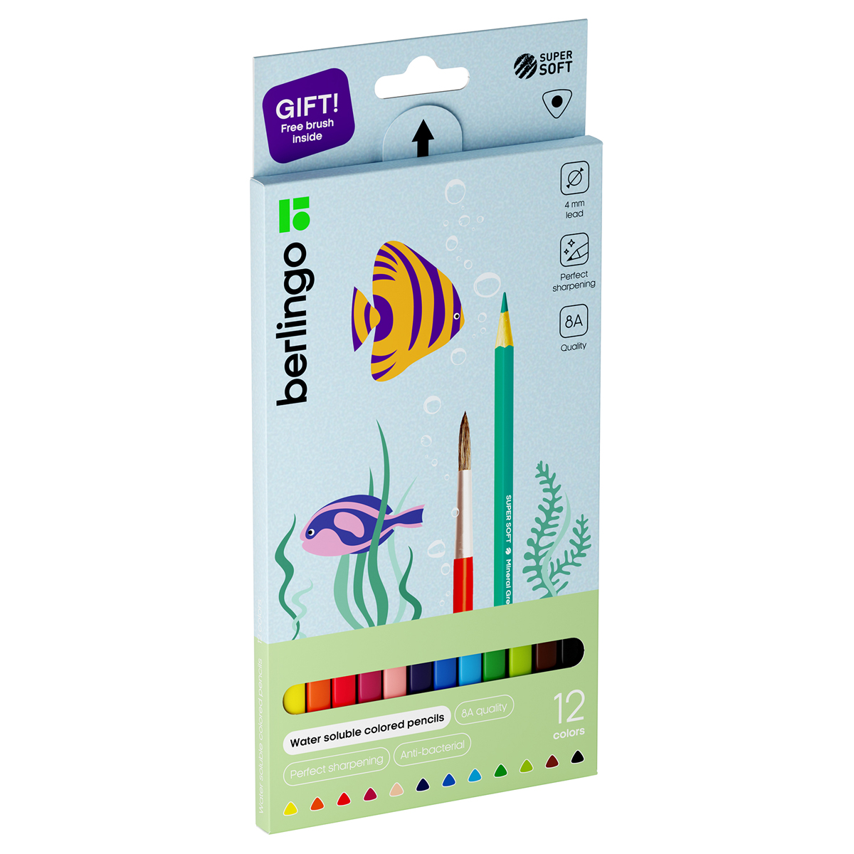 Карандаши акварельные 12цв BERLINGO SuperSoft. Рыбки, с кисточкой