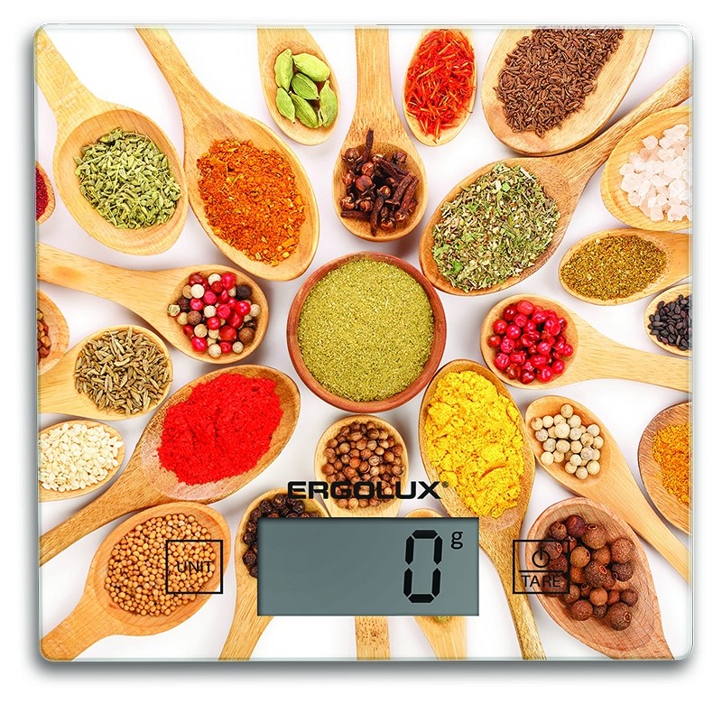 Весы кухонные ERGOLUX ELX-SK01-С11 яркие приправы ( до 5 кг, 150*150 мм)