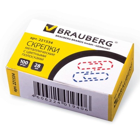 Скрепки 28мм*100шт BRAUBERG цветные полоски карт/уп