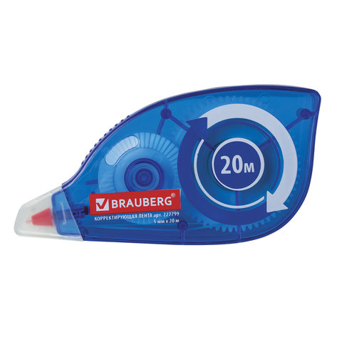 Корректирующая лента BRAUBERG 5мм х 20 м, корпус синий, механизм перемотки, блистер, 