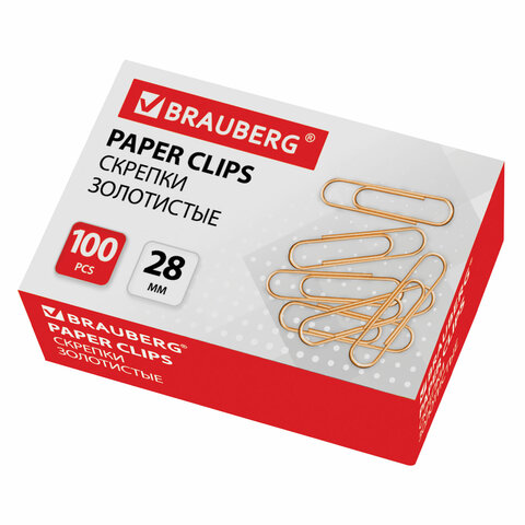 Скрепки 28мм BRAUBERG 100шт золотистые
