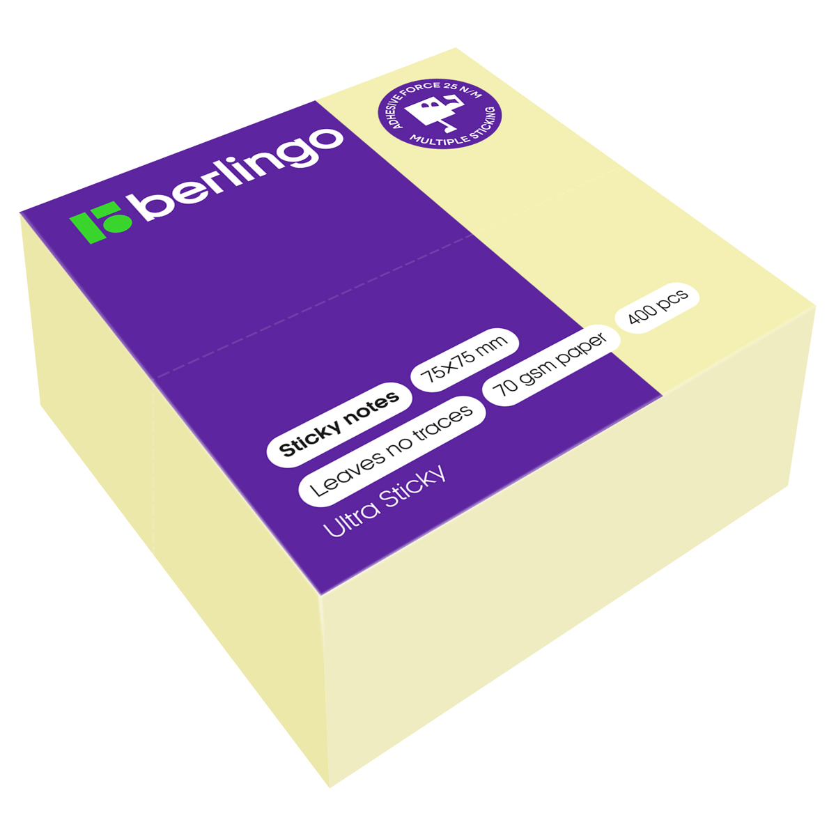 Самоклеящийся блок Berlingo "Ultra Sticky", 75*75мм, 400л, пастель, желтый LSn_40000