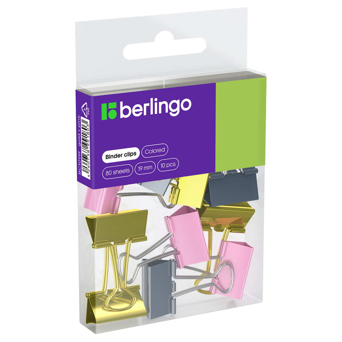 Зажим для бумаг 19мм Berlingo, 10шт, цветные, ПВХ упак., европодвес, розовый+золотой
