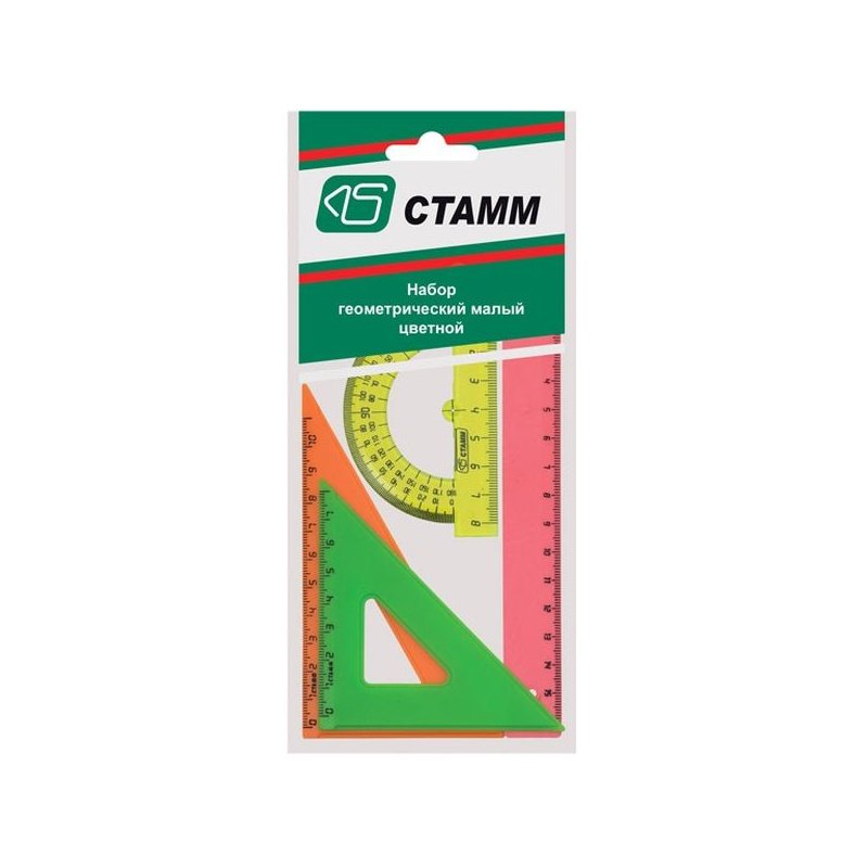 Набор чертежный СТАММ (линейка16см, треугольник 2шт, транспортир) неон