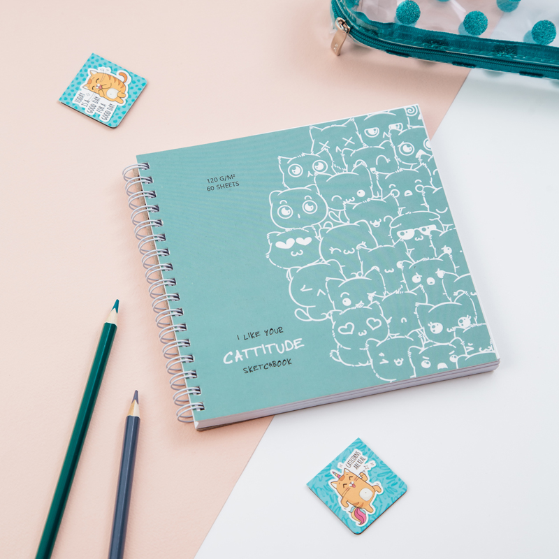 Скетчбук 60л., 150*150 MESHU "Cat wave", на гребне, 120г/м2, выборочный лак, Soft touch MS_44867