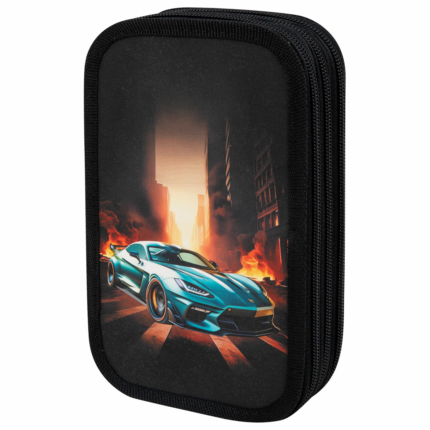Пенал ЮНЛАНДИЯ, 3 отделения, картон с эффектом soft-touch, 19х11 см, "Fire car",