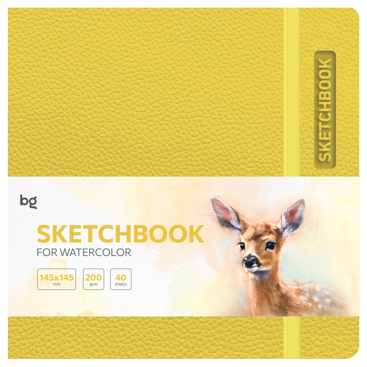 Скетчбук для акварели 40л 145*145 BG "Bright. Yellow", кожзам, на резинке, 200г/м2