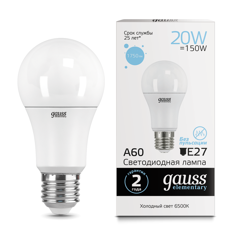 Лампа Gauss LED Elementary A60 20W E27 6500K 1/10/40