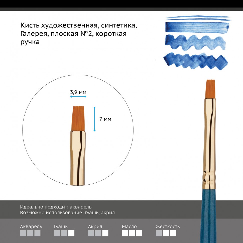 Кисть Синтетика плоская №2 Гамма "Галерея" короткая ручка художественная