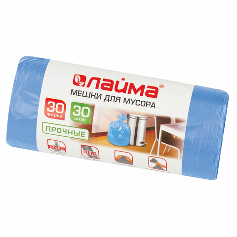 Мешки для мусора 30 л синие в рулоне 30 шт. прочные, ПНД 10 мкм, 50х60 см, LAIMA