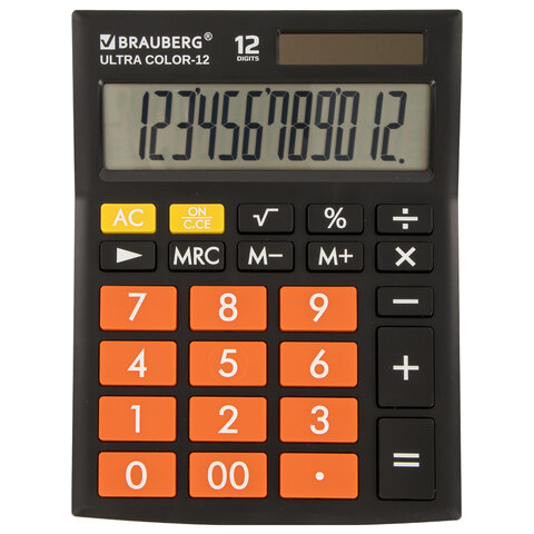 Калькулятор настольный BRAUBERG ULTRA COLOR-12-BKRG (192x143 мм), 12 разр, дв. питание, черно-оранж