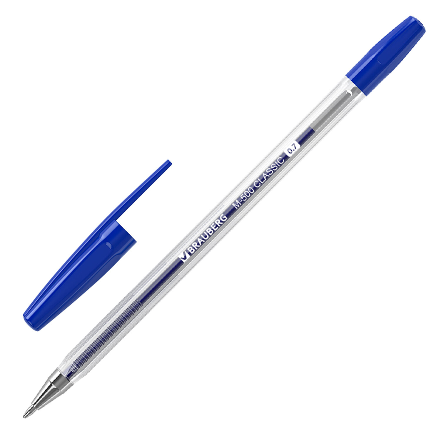 Ручка шариковая синяя BRAUBERG "M-500 CLASSIC" корпус прозрачный, узел 0,7 мм, линия письма 0,35