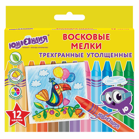 Карандаши восковые 12цв ЮНЛАНДИЯ Юнландик на празднике, трехгран. утолщенные