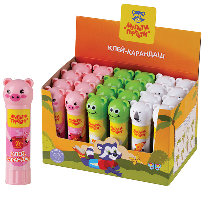 Клей-карандаш _9гМульти-Пульти "Зверята: Свинка, Лягушка, Белый медведь", , колпачок в форме животно