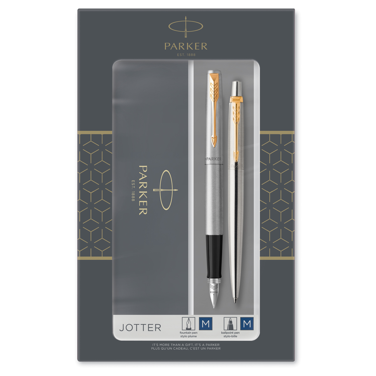 Набор Parker "Jotter Stainless Steel GT": ручка шариковая, 1,0мм и ручка перьевая, 1,0мм, подар.уп.