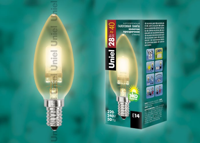 Uniel HCL-28/CL/E14 candle gold Лампа галог.свеча