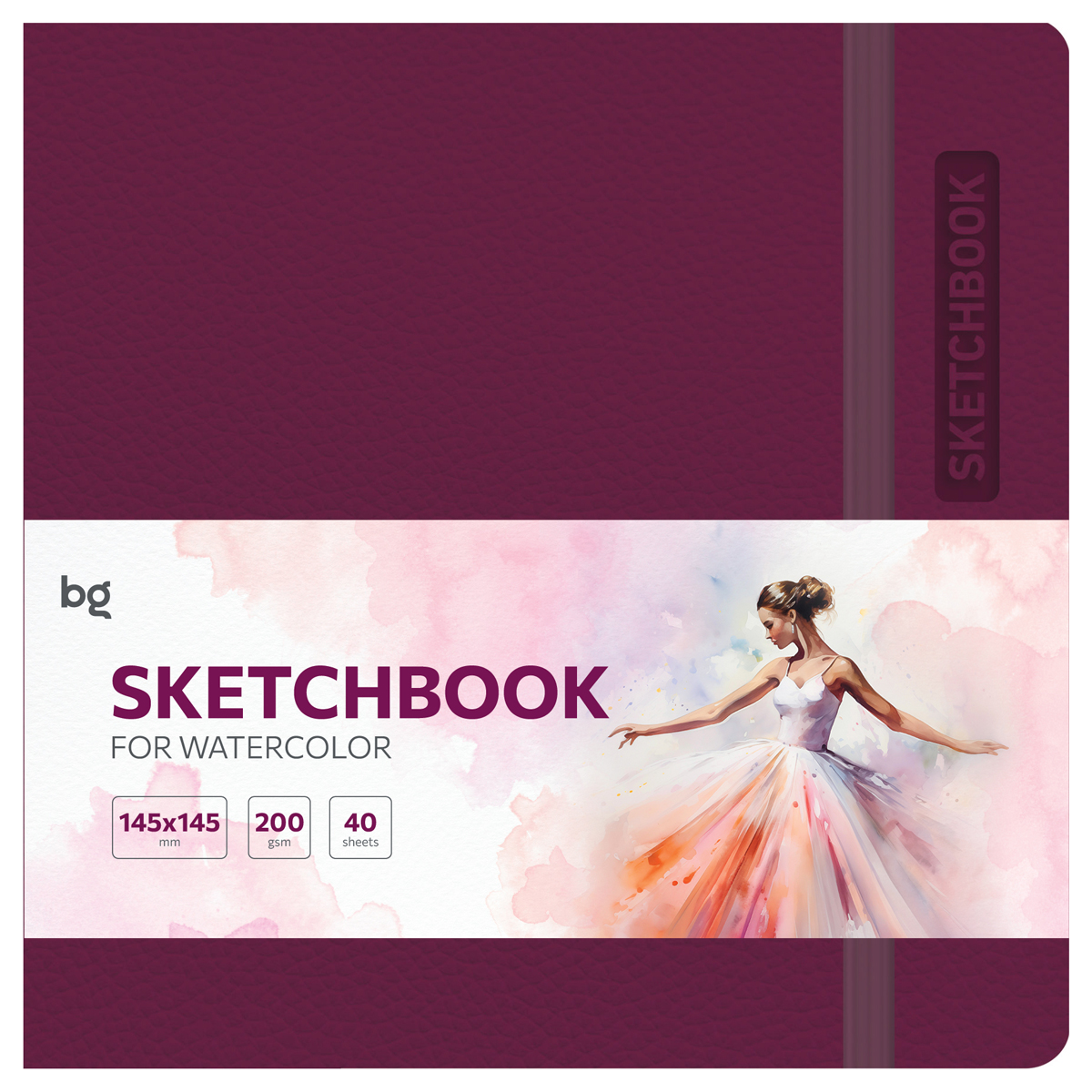 Скетчбук для акварели 40л., 145*145 BG "Bright. Berry" кожзам, на резинке, 200г/м2
