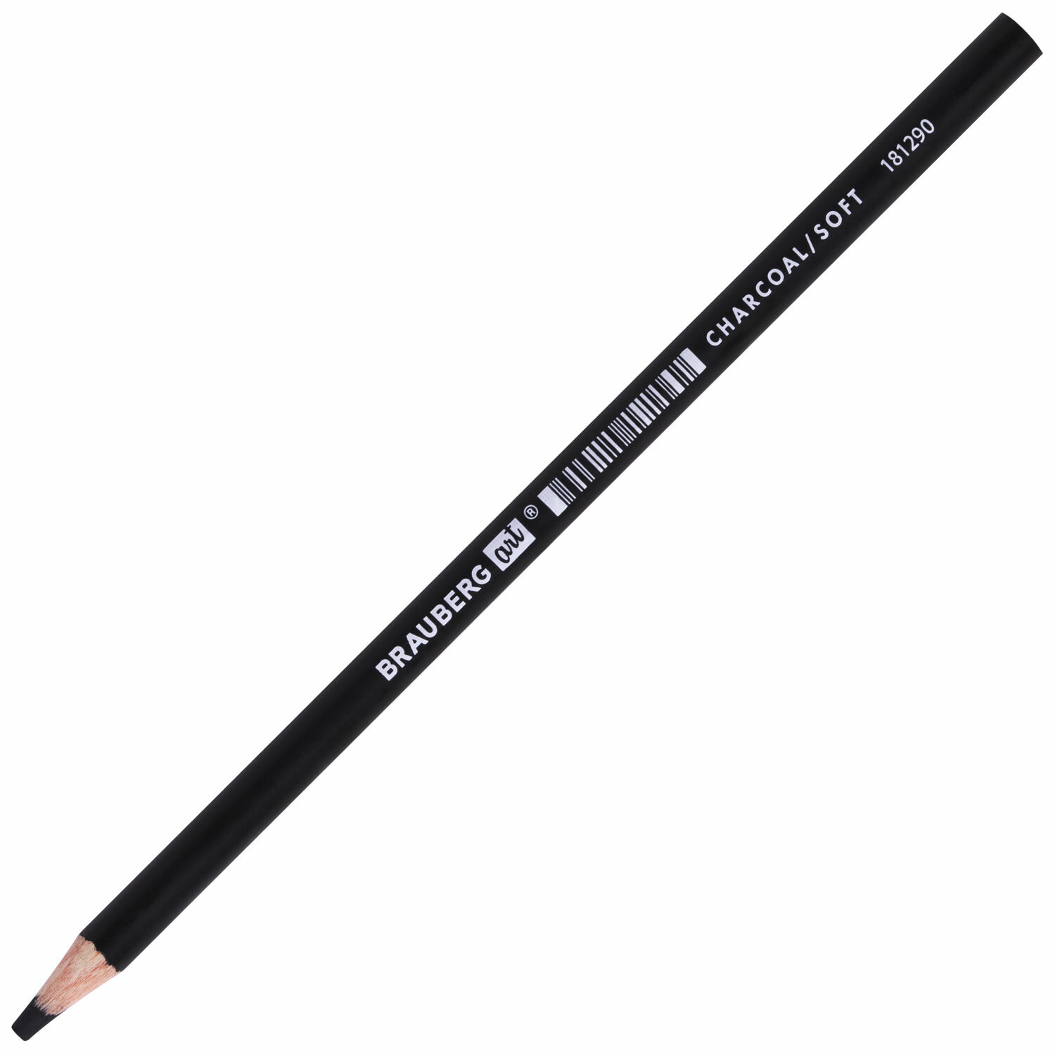 Карандаш угольный BRAUBERG ART CLASSIC, 1 шт., МЯГКИЙ, круглый, корпус черный, заточенный