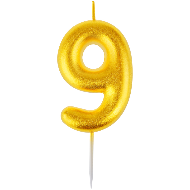 Свеча цифра 9 с держателем MESHU 6см, золотая, блистер