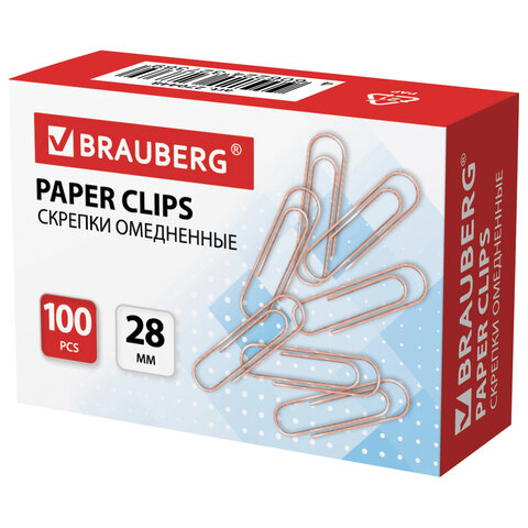 Скрепки BRAUBERG, 28 мм, омедненные, 100 шт., в картонной коробке