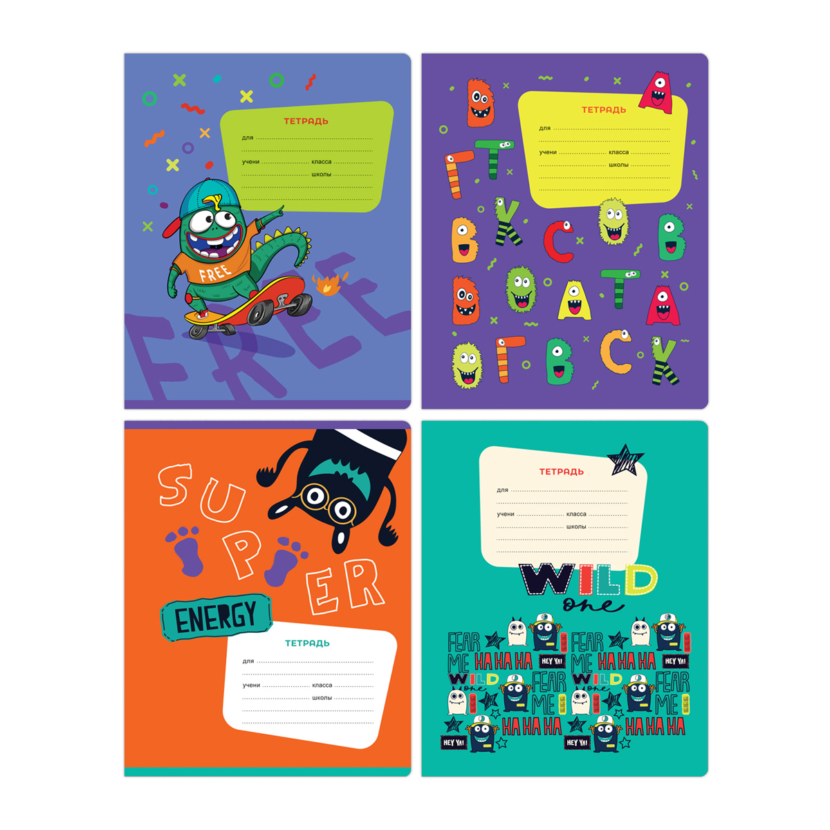 Тетрадь 12л., узкая линия BG "Монстрики", выборочный лак