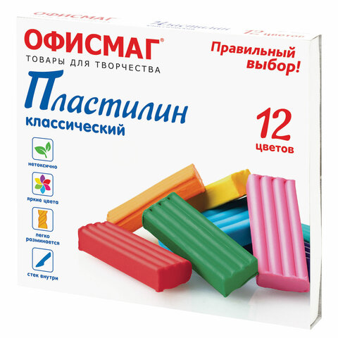 Пластилин 12цв ОФИСМАГ 240 г, СО СТЕКОМ