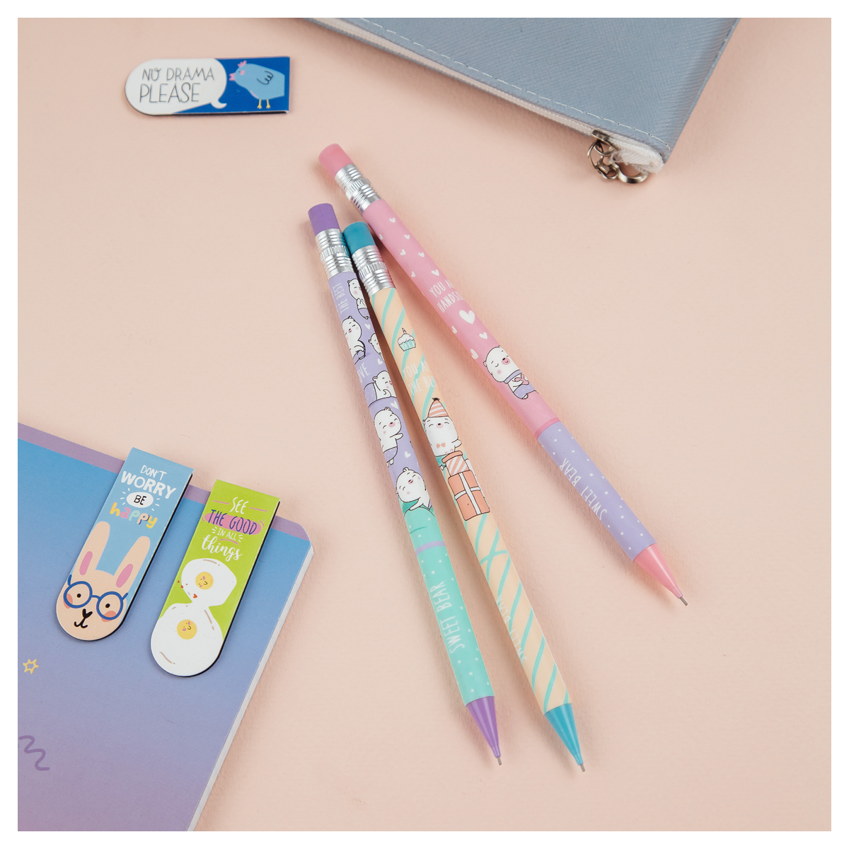 Карандаш механический 0,7мм MESHU "Sweet bear", печать на корпусе, с ластиком ассорти