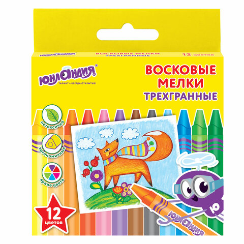 Мелки восковые 12цв ЮНЛАНДИЯ Юнландик и мудрый лис, трехгранные