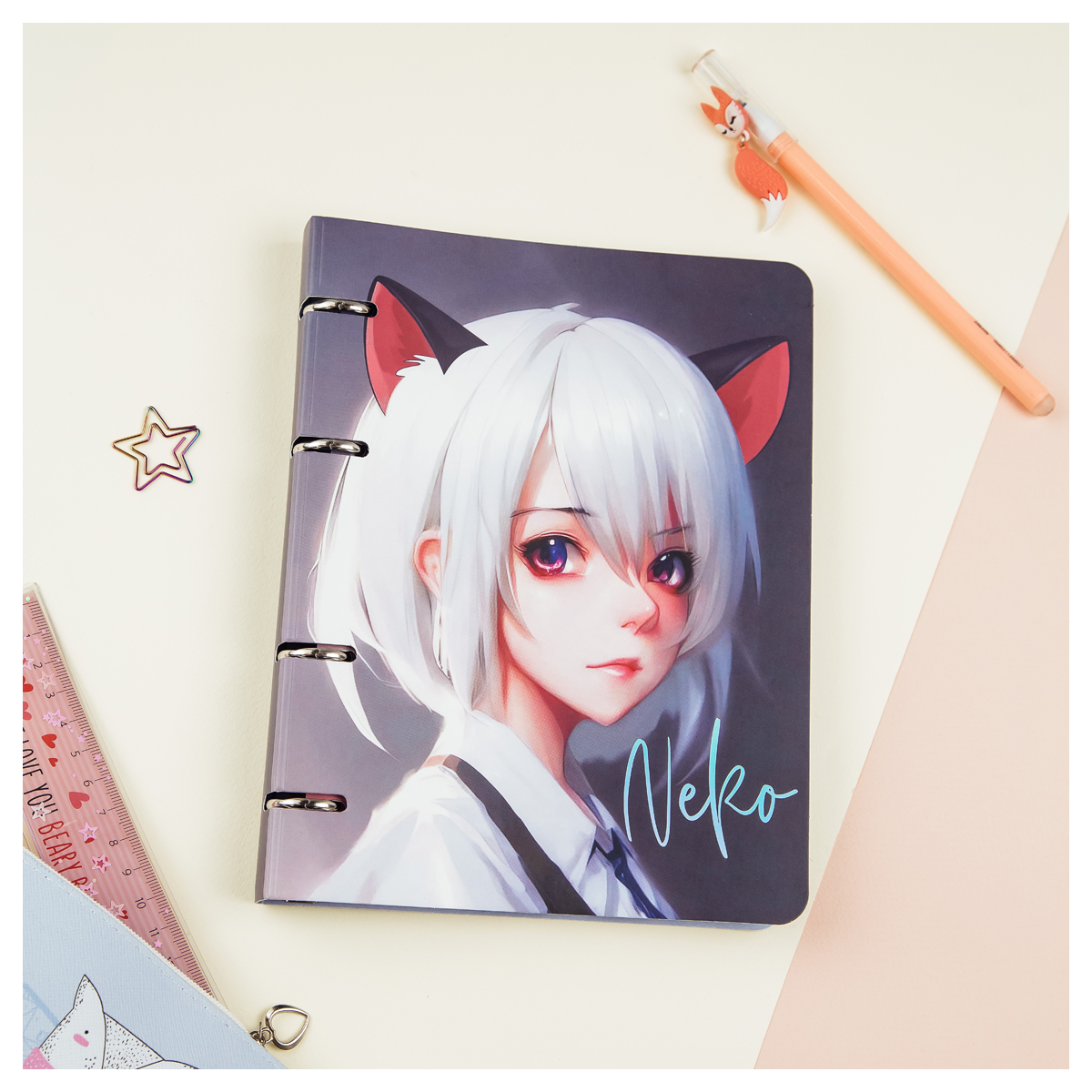 Тетрадь на кольцах А5, 100л., MESHU "Neko", картон, матовая ламинация, тиснение фольгой MS_50667
