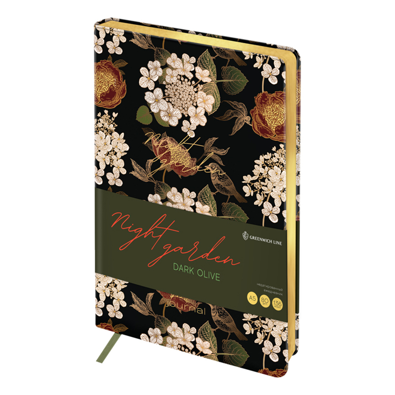Ежедневник недатированный, А5, 136л., кожзам, Greenwich Line "Night garden. Dark olive", тон. блок E