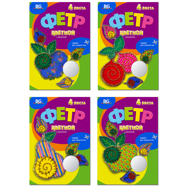 Фетр цветной с рисунком А4, BG "Чудо-Фрукты" , 4л., 4цв., папка Фетр цветной с рисунком А4, BG "Чудо-Фрукты" , 4л., 4цв., папка