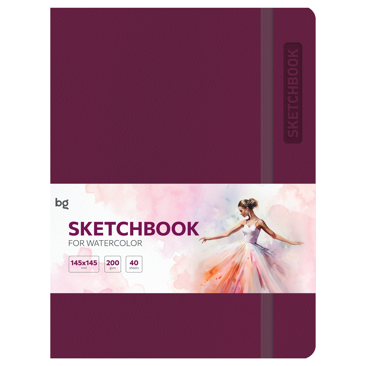 Скетчбук для акварели 40л  А5 BG Bright. Berry кожзам, на резинке, 200г/м2