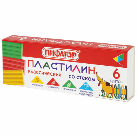 Пластилин _6цв ПИФАГОР "Веселая такса" 90 г, СО СТЕКОМ