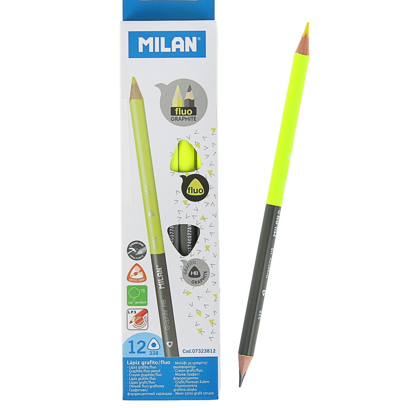 Карандаш двухцветный MILAN желтый-графит неон трехгранный