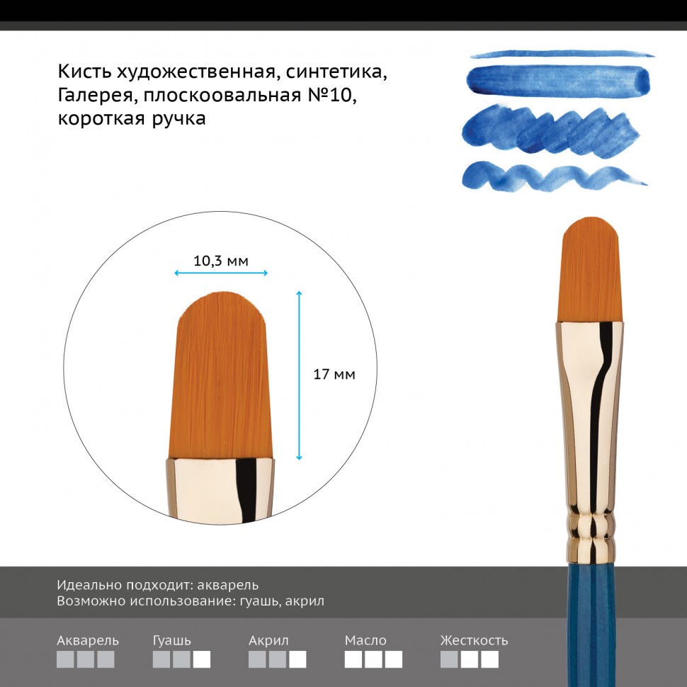 Кисть художественная синтетика Гамма "Галерея", плоскоовальная №10, короткая ручка