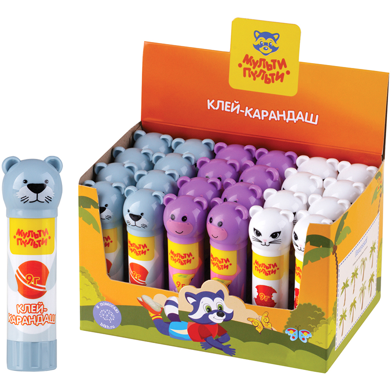 Клей-карандаш _9гр Мульти-Пульти Зверята: Морской котик, Бегемот, Кошка колпачок в форме животно