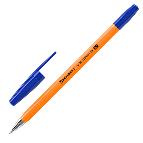 Ручка шариковая синяя BRAUBERG "M-500 ORANGE" корпус оранжевый, узел 0,7 мм, линия письма