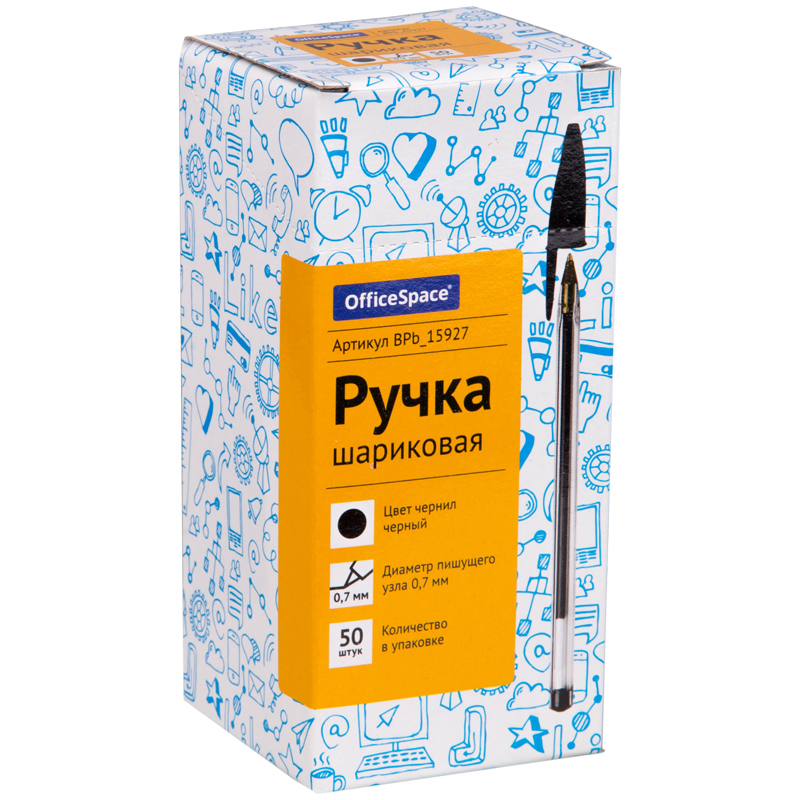 Ручка шариковая черная OfficeSpace 0,7мм прозрачн.корпус