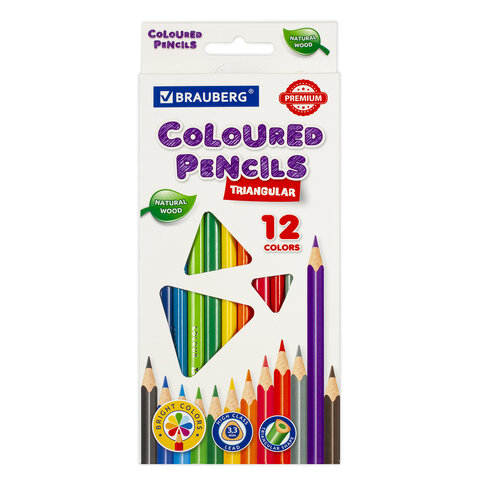 Карандаши 12цв BRAUBERG Premium, трехгран., грифель мякгий 3,3мм