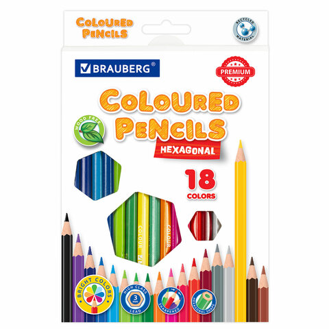 Карандаши цветные BRAUBERG PREMIUM, 18 цветов, пластиковые, шестигранные, грифель 3 мм, 