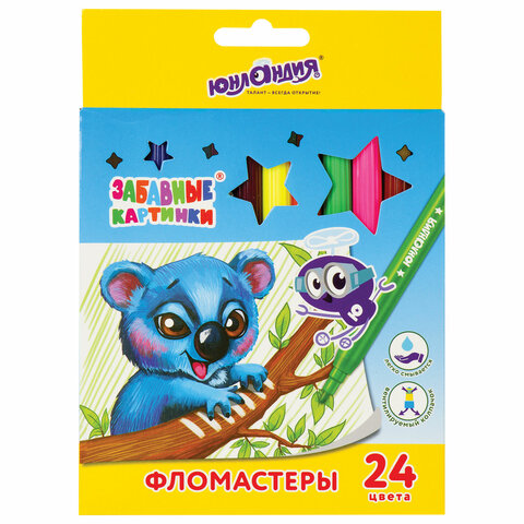 Фломастеры ЮНЛАНДИЯ 24 цвета, "ЗАБАВНЫЕ КАРТИНКИ", вентилируемый колпачок, картон