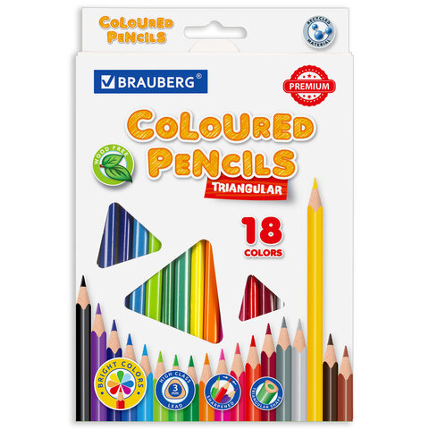 Карандаши 18цв пластиковые BRAUBERG PREMIUM трехгранные