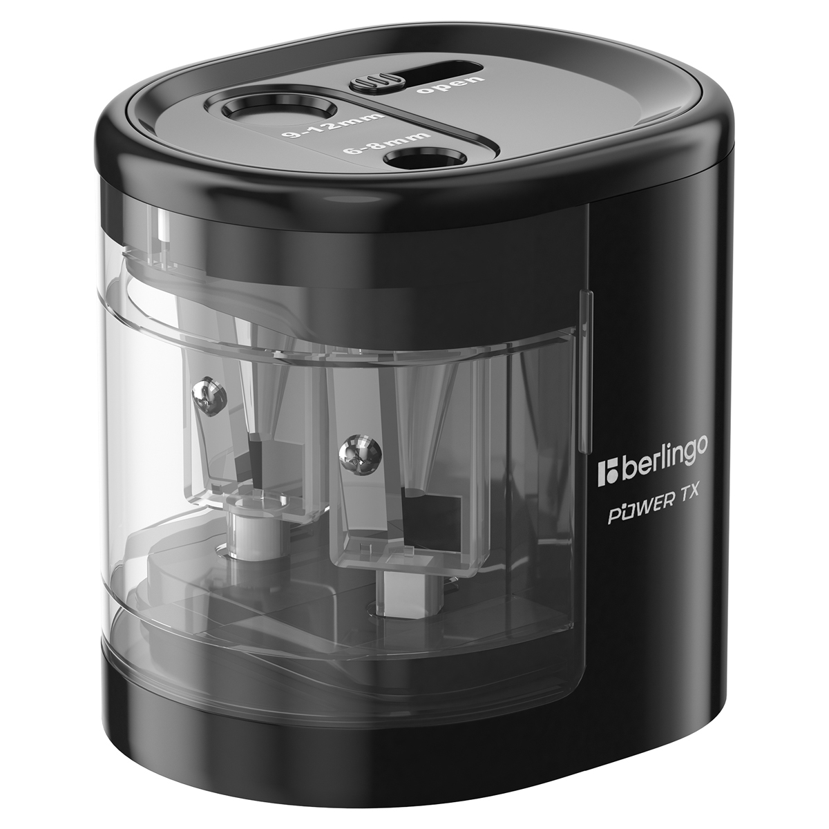 Точилка электрическая Berlingo "Power TX", черная, 2 отверстия, с контейнером, картон. уп.