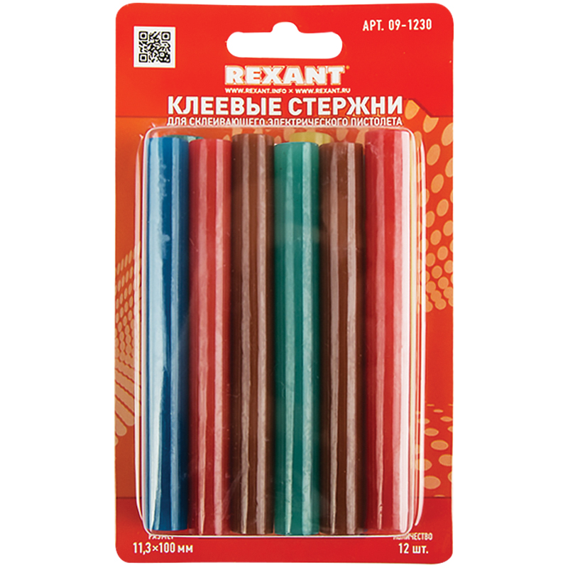 Клей для пистолета 12шт 11мм 10см REXANT цветной, в блистере