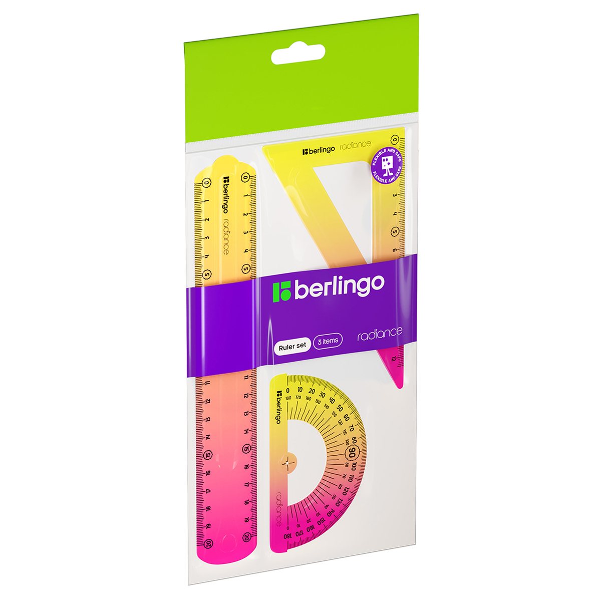 Набор чертежный средний Berlingo "Radiance" (треуг.14см, линейка 20см, трансп.) гибкий, желтый/розов
