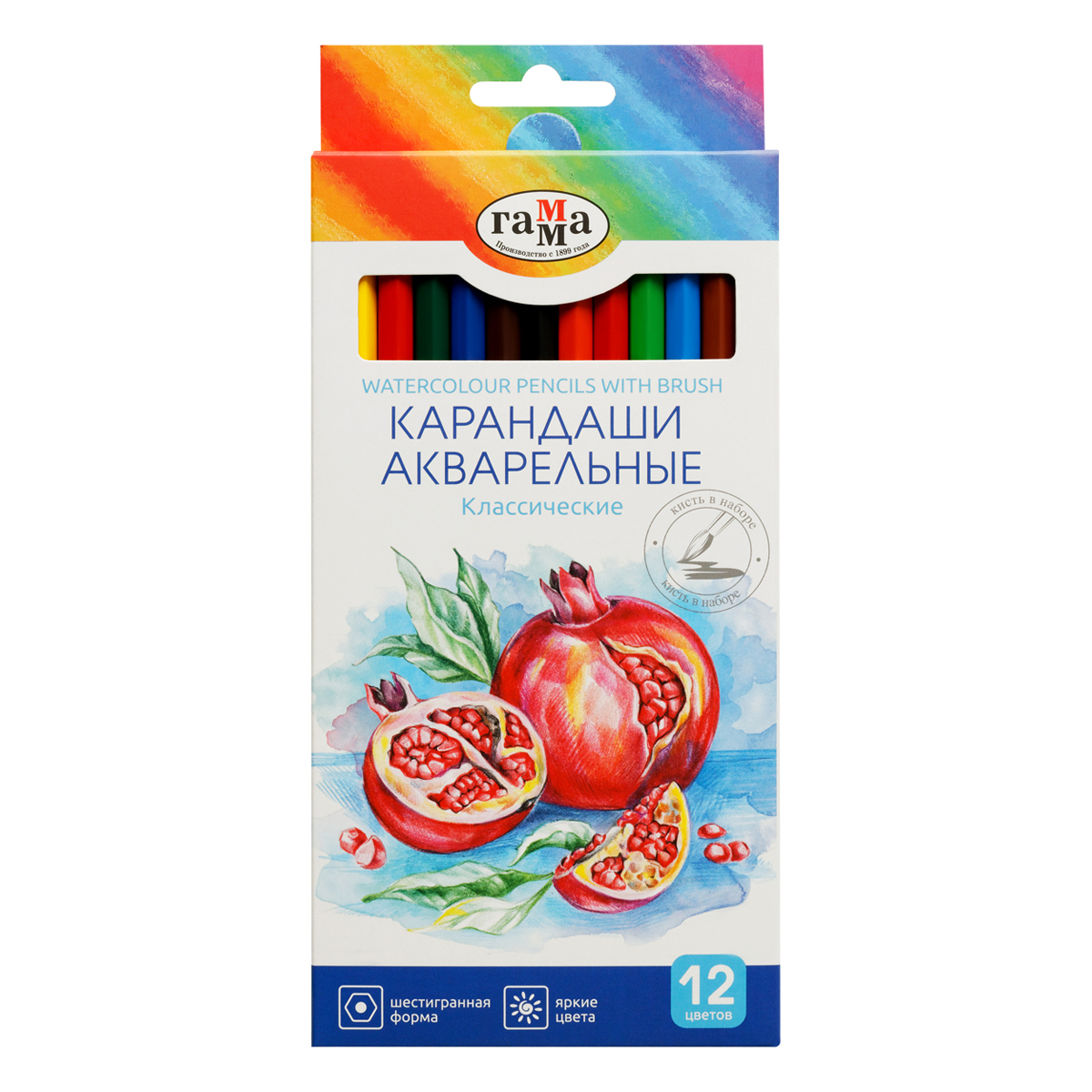 Карандаши акварельные Гамма "Классические", 12цв., шестигранные, заточен., с кистью, картон. упак., 
