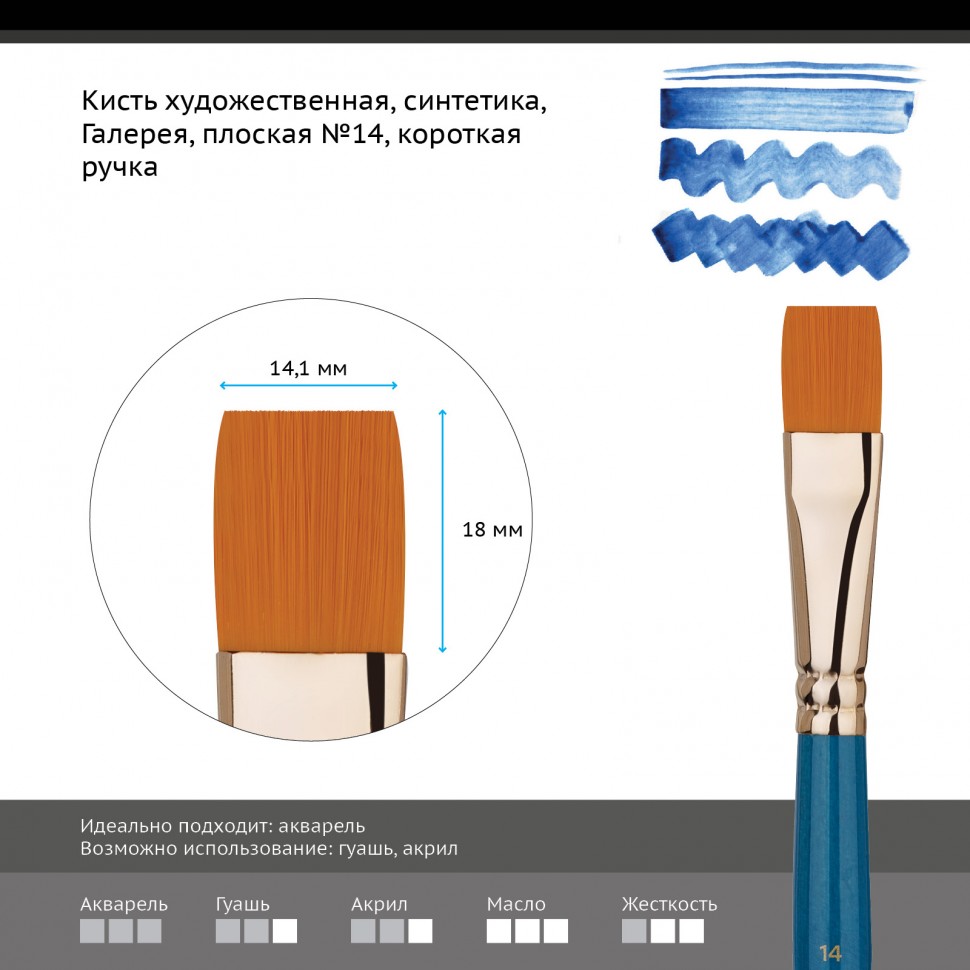 Кисть Синтетика плоская №14 Гамма "Галерея" короткая ручка художественная