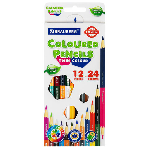 Карандаши 24цв мягкие двусторонние BRAUBERG PREMIUM TWIN COLOUR 12шт