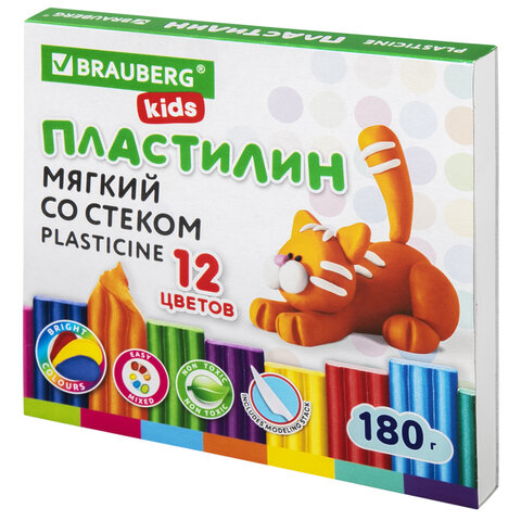 Пластилин восковой 12цв BRAUBERG KIDS 180 г, со стеком 